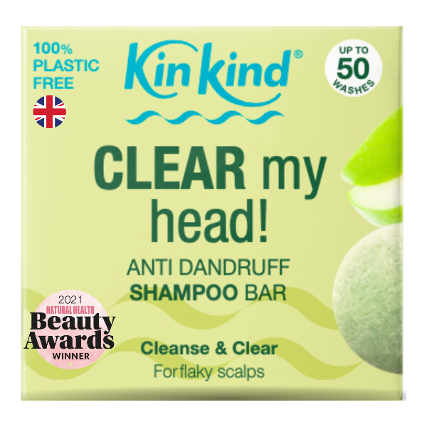 KinKInd shampoo bar Clear my head in cardboard packaging with green background and text reading "CLEAR my head! Anti-dandruff shampoo bar Cleanse & Clear for flaky scalps, Up to 50 washes, 100% plastic free"