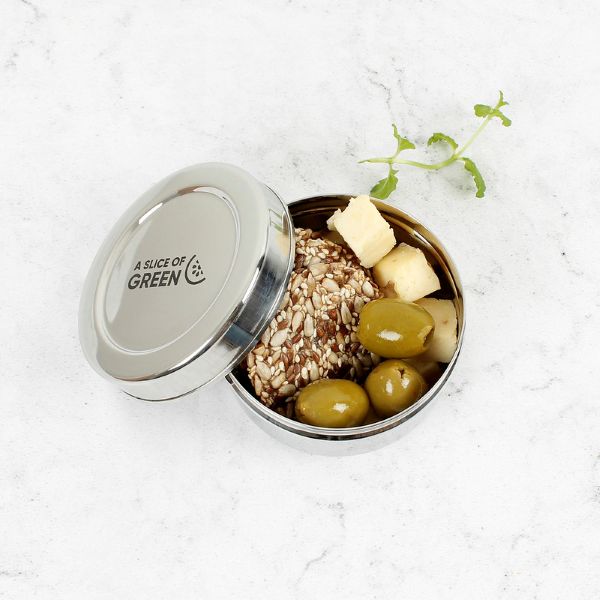Stainless steel mini food container with lid shown off and food inside
