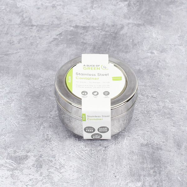 Stainless steel mini food container with lid shown on and paper label