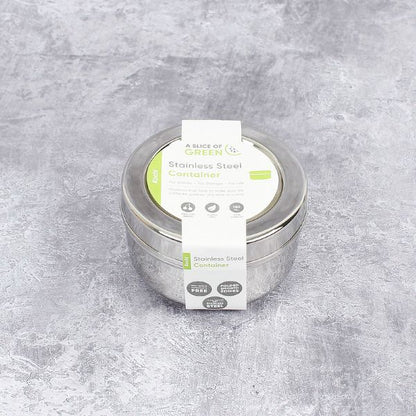 Stainless steel mini food container with lid shown on and paper label