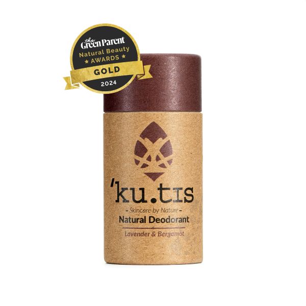 Kutis natural eco-friendly deodorant Lavender and Bergamot with Green Parent natural beauty awards gold 2025 logo