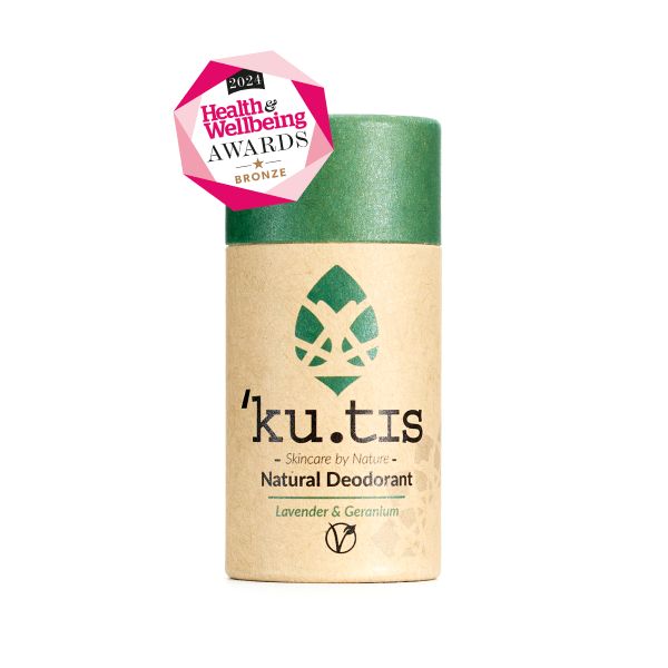 Kutis natural eco-friendly vegan deodorant Lavender and geranium with Health and Wellbeing Awards logo 2024 bronze