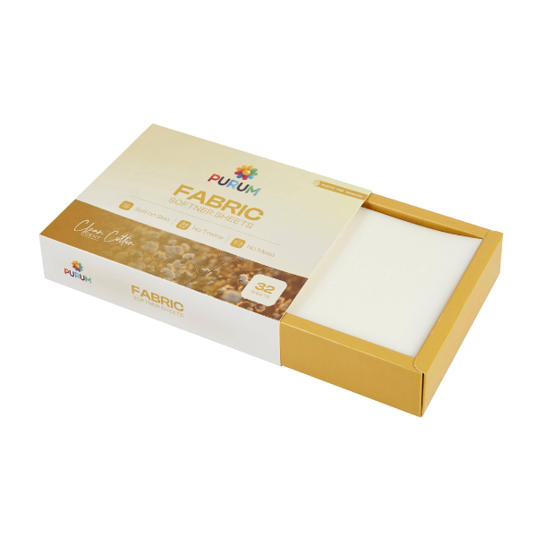 Box of Purum fabric softener sheets shown open with sheets inside