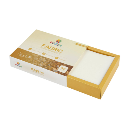 Box of Purum fabric softener sheets shown open with sheets inside