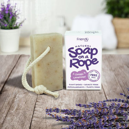 Friendly Soap soap on a rope in classic lavender shown alongside cardboard box