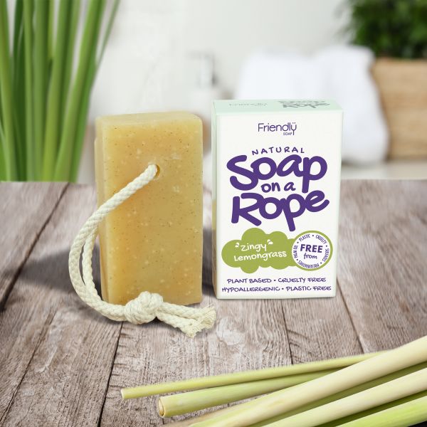 Friendly Soap soap on a rope in zingy lemongrass shown alongside cardboard box