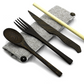 Set of wooden cutlery and bamboo straw on a light grey fabric pouch