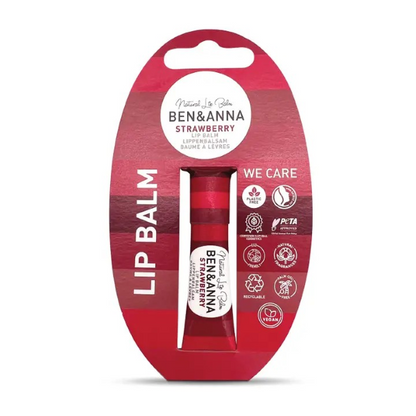 Ben & Anna lip balm in red paper tube packaging in Strawberry, shown with cardboard packaging surround