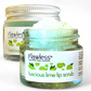 Vegan lip scrub in luscious lime shown in glass jar with lid off beside another jar with aluminium lid
