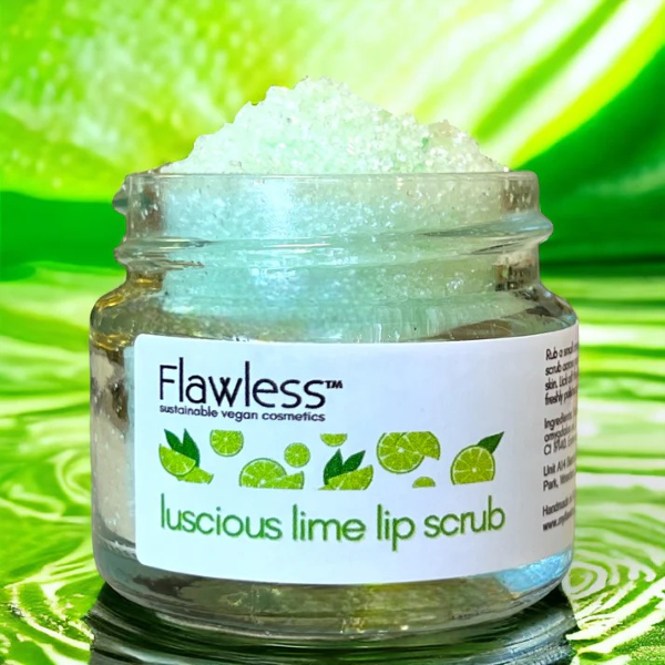 Vegan lip scrub in luscious lime shown in glass jar with lid off