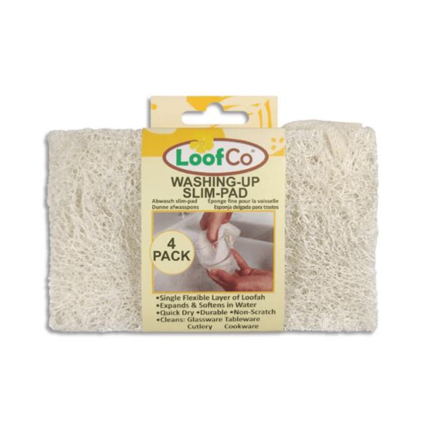 LoofCo Set of 4 washing up slim pads made from natural loofah, with a paper label