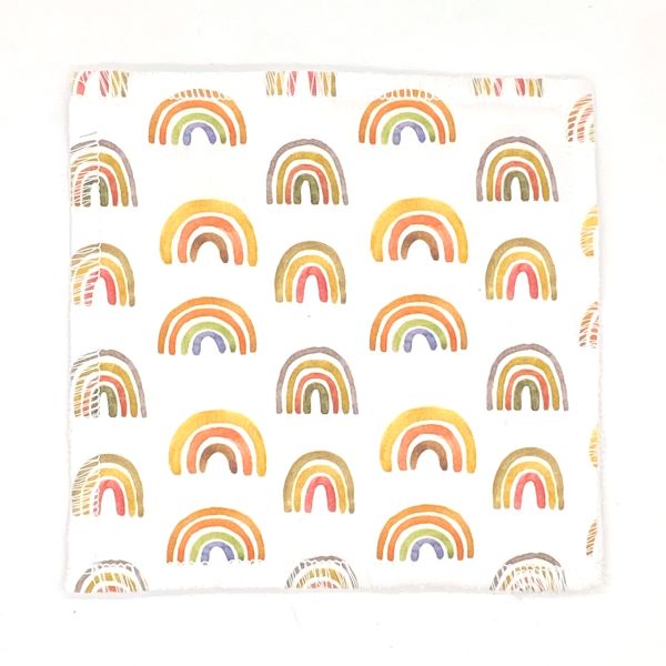 Reusable make up pad in Rainbows design (white background with small painted rainbows)