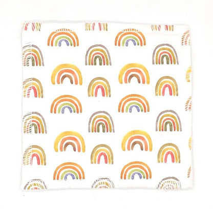 Reusable make up pad in Rainbows design (white background with small painted rainbows)