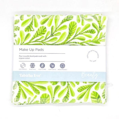 Reusable make up pad in Jungle leaf design  (white background with bright green leaves), shown with paper label reading 'Make Up pads, Four reusable facial pads made with organic cotton' 