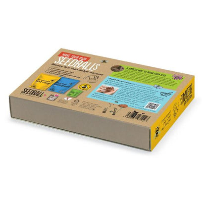Seedball packaging box on a white background showing back of box with instructions