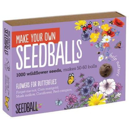 Box of 'Make Your Own Seedballs' with floral design and butterfly illustrations on a white background