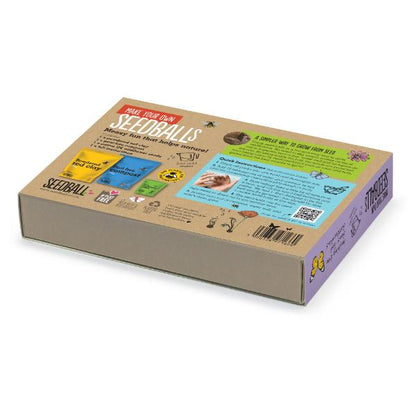 Seedball packaging box on a white background showing back of box with instructions
