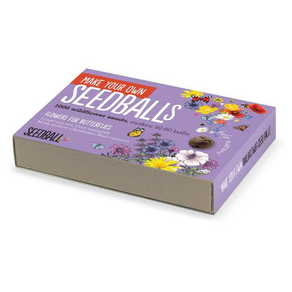 Box of 'Make Your Own Seedballs' with illustrations of flowers and seeds on a white background