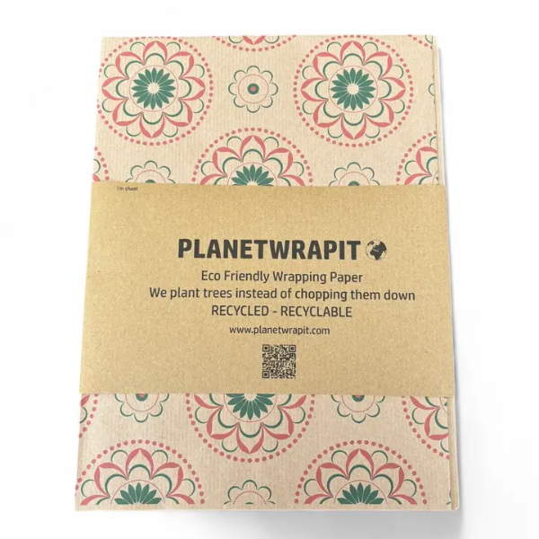 Brown kraft paper with red mandala pattern with paper label