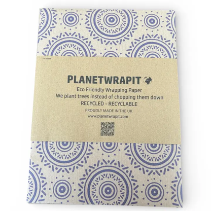 Brown kraft paper with blue mandala pattern with paper label
