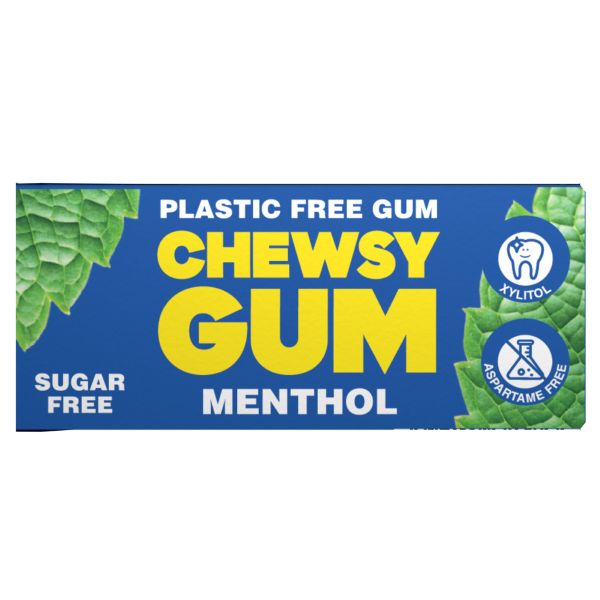 A rectangular package of Chewsy Gum Menthol sugar-free plastic-free gum, featuring a blue background with bold yellow text and green leaf graphics on the sides.
