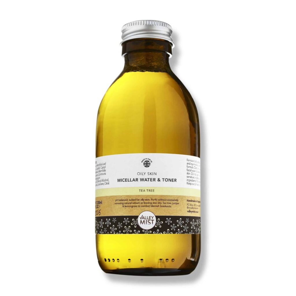 Glass bottle of Valley Mist micellar water and toner for oily skin on a white background