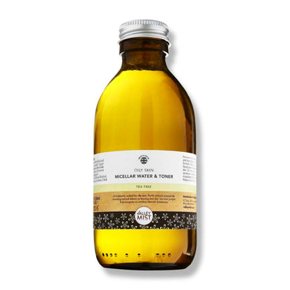 Glass bottle of Valley Mist micellar water and toner for oily skin on a white background