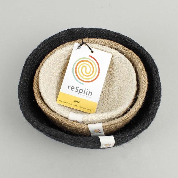 Set of three mini jute bowls in Pebble colour (black, natural and white)  stacked inside each other
