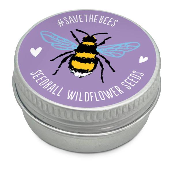 Metal seedball tin with a mauve label featuring a bee illustration and text '#SaveTheBees' on a white background.