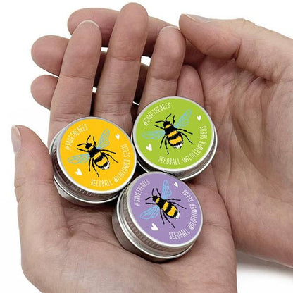 Three small seedball tins with bee-themed labels held in a hand against a white background