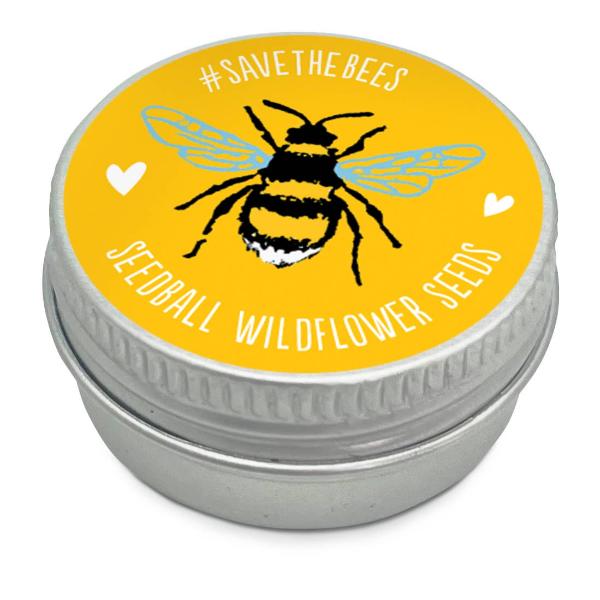 Metal seedball tin with a bee illustration and 'Save the Bees' text on a yellow background