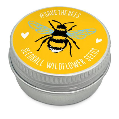 Metal seedball tin with a bee illustration and 'Save the Bees' text on a yellow background
