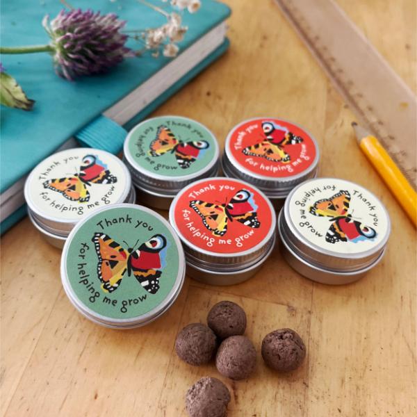 Mini seedball tins with butterfly designs and text on a wooden surface with a notebook and pencil alongside 5 seedballs.