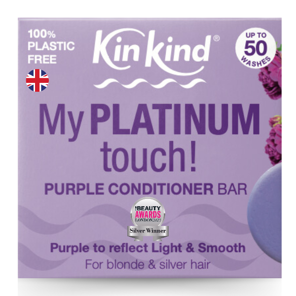 Kinkind My Platinum Touch purple conditioner bar in cardboard packaging on a white background