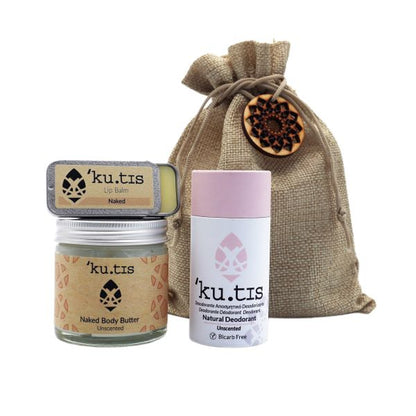 Eco-friendly natural skincare gift pouch shown with the products alongside - a natural deodorant in paper tube, lip balm in metal tin and uplifting body butter in glass jar (all unscented)