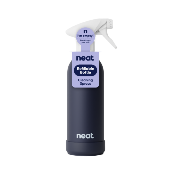 Dark navy blue aluminium refillable spray bottle with 'neat' branding on a white background