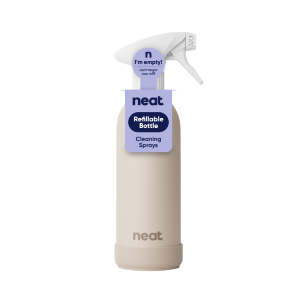 Stone coloured aluminium refillable spray bottle with 'neat' branding on a white background