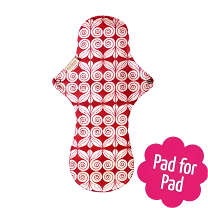 Eco Femme natural organic period night pad, showing the red and white swirl back layer