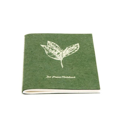 Green tea paper notebook with leaf design and 'Tea Paper Notebook' text on a white background