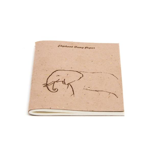 A notebook made from natural elephant dung paper, featuring a simple black line drawing of an elephant and the text 'Elephant Dung Paper' printed near the top.
