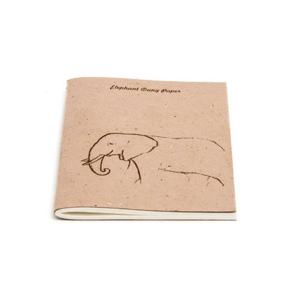 A notebook made from natural elephant dung paper, featuring a simple black line drawing of an elephant and the text 'Elephant Dung Paper' printed near the top.
