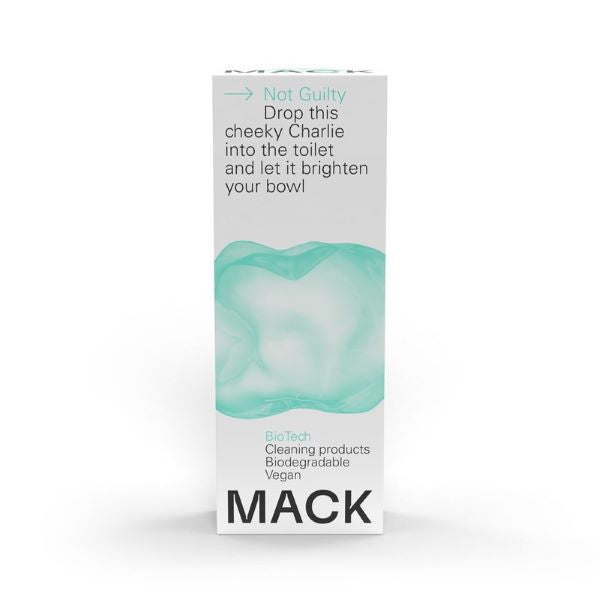 Mack toilet cleaning pod in cardboard box with text reading "Not guilty Drop this cheeky Charlie into the toilet and let it brighten your bowl"
