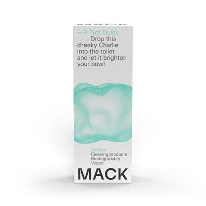 Mack toilet cleaning pod in cardboard box with text reading "Not guilty Drop this cheeky Charlie into the toilet and let it brighten your bowl"