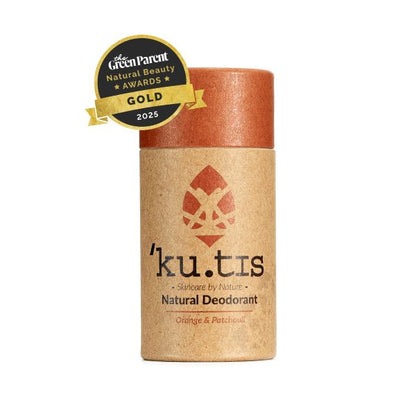 Kutis natural eco-friendly deodorant Orange and patchouli with Green Parent natural beauty awards gold 2025 logo