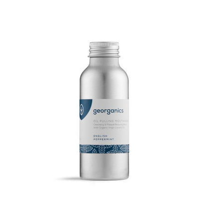 Oil pulling mouthwash in aluminium bottle