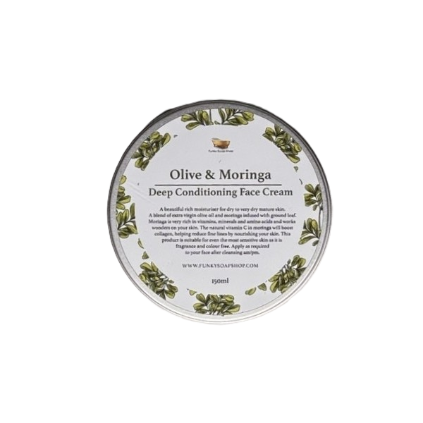 A round metal tin of Olive & Moringa Deep Conditioning Face Cream by Flavour & Nature, featuring a white label with green botanical illustrations and black text, set against a plain white background.
