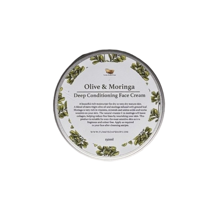 A round metal tin of Olive & Moringa Deep Conditioning Face Cream by Flavour & Nature, featuring a white label with green botanical illustrations and black text, set against a plain white background.