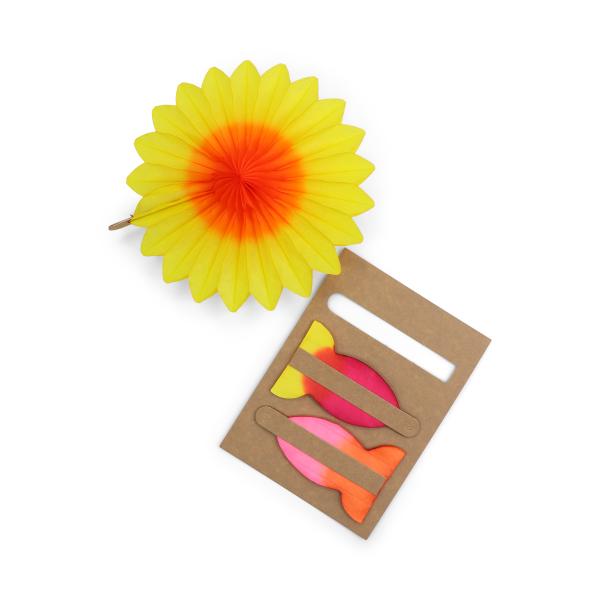 Paper flower decorations Sunset flowers shown with paper packaging