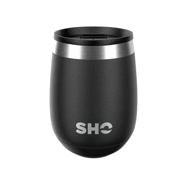 SHO reusable drinks tumbler in Jet Black with slider spill proof lid