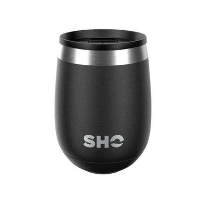 SHO reusable drinks tumbler in Jet Black with slider spill proof lid